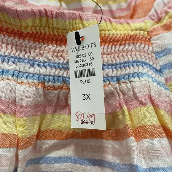 Talbots Women's 3X Plus Linen Short Puff Sleeves Striped Top Square Neck Smock - Picture 4 of 16